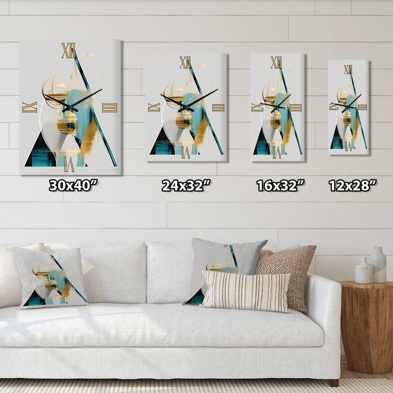Pleine lune or et turquoise Minimalisme II - Horloge murale moderne abstraite, H 28 po x l 12 po x P 1 po