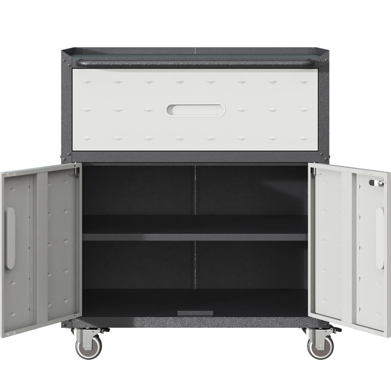 Metal Garage Storage Cabinet On Wheels With Locking Doors - 29.14"W X 16.07"D 33.87"H, 1 Drawer, And Safe, Black Gray Tool 33.87"H 16.07"D, 2 Doors, Gray, Rolling