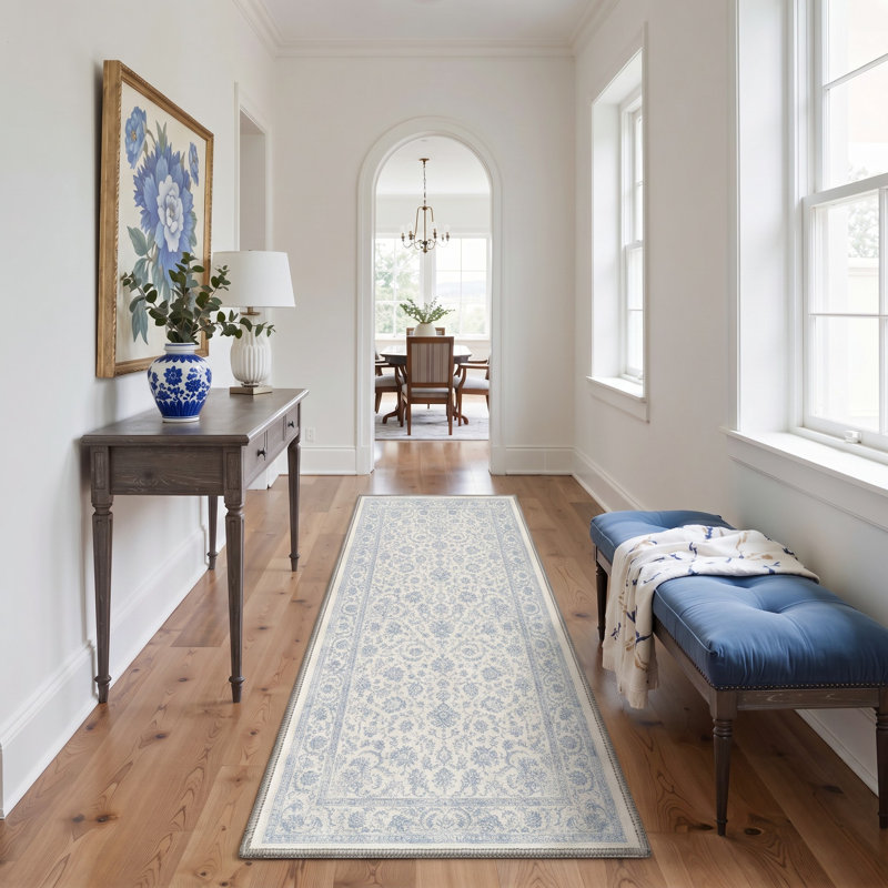 Tapis de couloir oriental ivoire / bleu lavable à la machine avec envers antidérapant, Tapis de couloir 2 pi x 6 pi