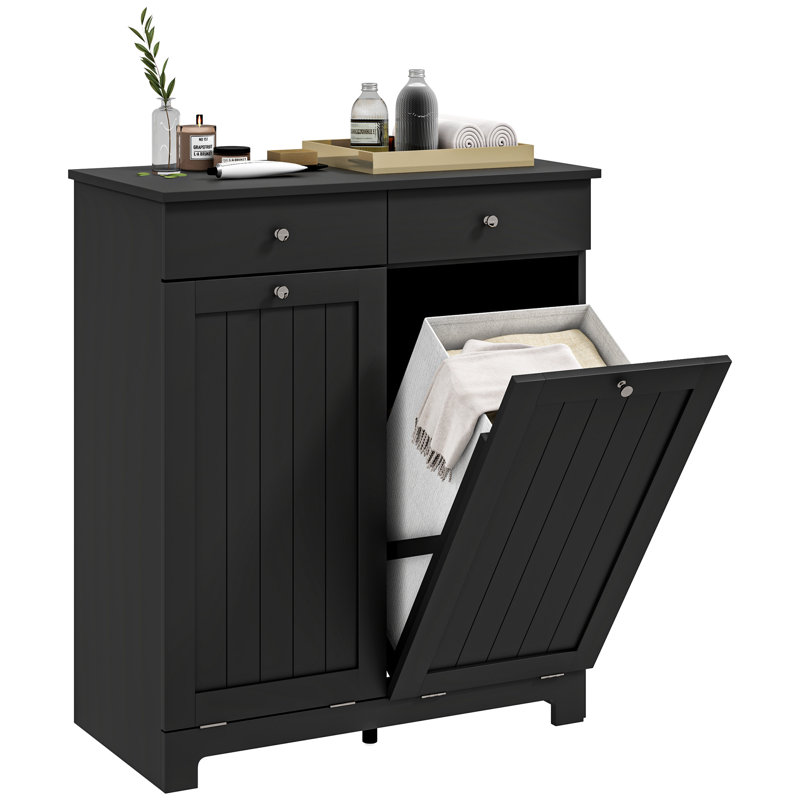 Armoire à linge avec 2 paniers amovibles, armoire à linge inclinable avec 2 tiroirs et 2 portes à panneaux, armoire de rangement pour salle de bain