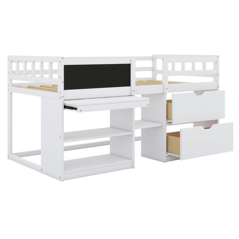 Lit mezzanine bas avec bureau roulant, tablette et tiroirs, Blanc