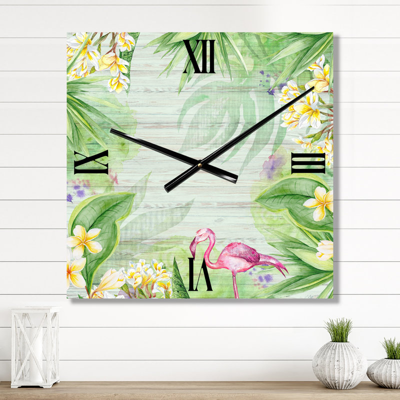 Horloge murale feuillage tropical avec flamant I, Grand