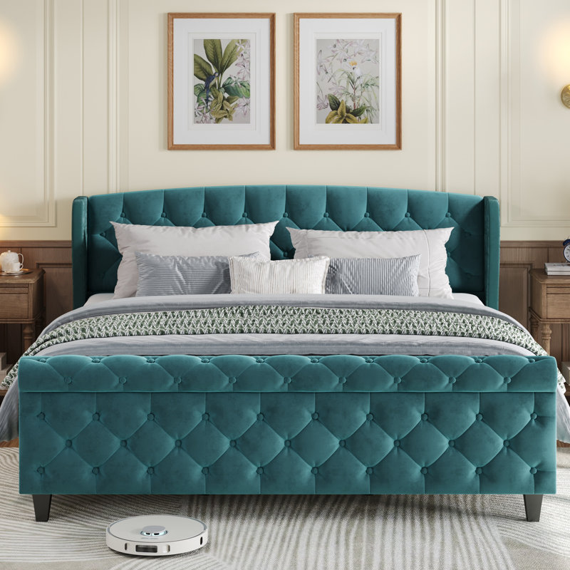 Elowen Glam Velvet Upholstered Sleigh Bed With Wingback Headboard & Scroll Footboard, King, Green