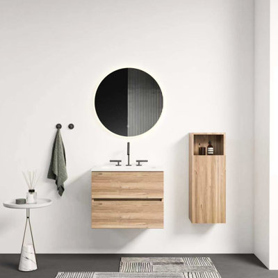 Meuble-lavabo mural 24 po en chêne brut avec lavabo en céramique intégré, 3 trous, trop-plein, grand rangement, design tendance, multi-espace, coulisses encastrées, glissières silencieuses,