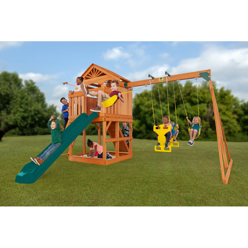 Timber Valley Swing Set with Wooden Roof, Green, Multi