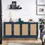 Buffet 4 portes en rotin, crédence en bois de style Mid-Century avec boutons ronds en laiton pour le salon (bleu)-1579836138
