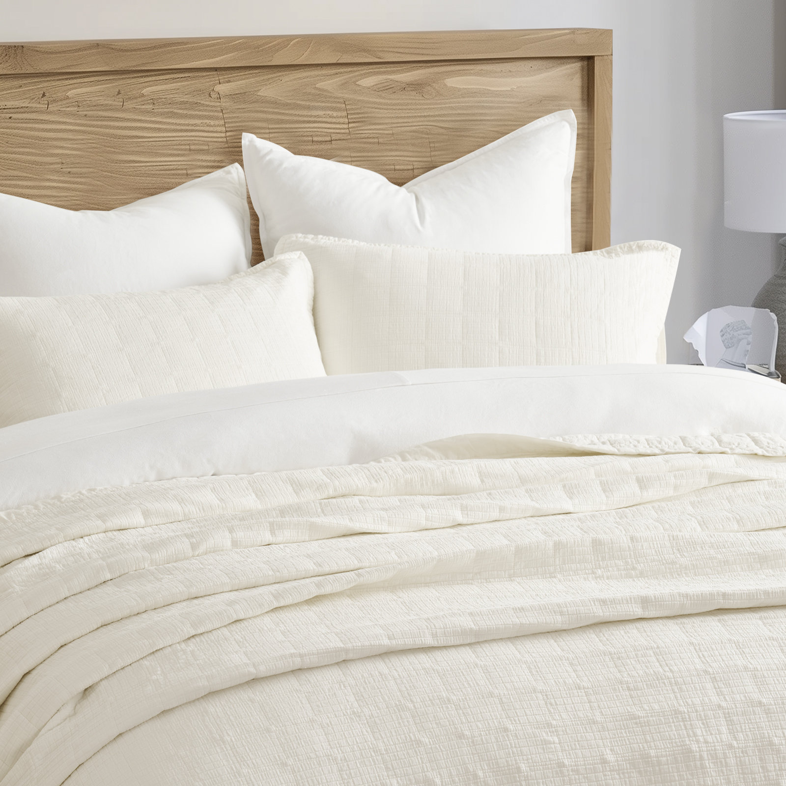 Crinkle Cotton Quilt Set, Ivory White, Queen Quilt + 2 Queen Shams