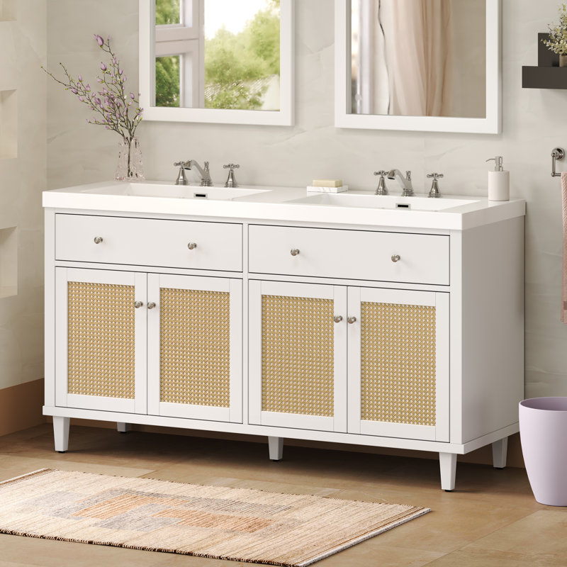 Selene 60" Modern  Double Sink Bathroom Vanity With SMC Top, Rattan Doors And Ample Storage, White