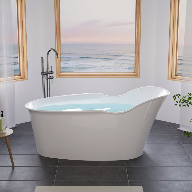 66'' W,63 GALLONS Freestanding Acrylic Soaking  Bathtub With Drain And Overflow Holes