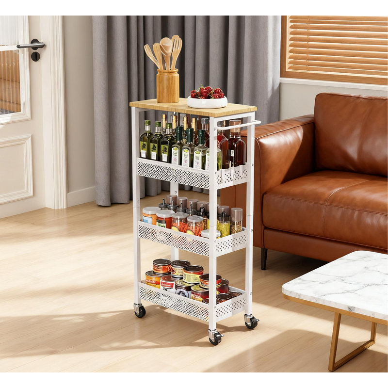 4-Tier Slim Rolling Storage Cart With Wood Top, Narrow Space Organizer For Bathroom, Kitchen, Laundry Room, Durable Metal Utility Cart With Wheels For Small Spaces