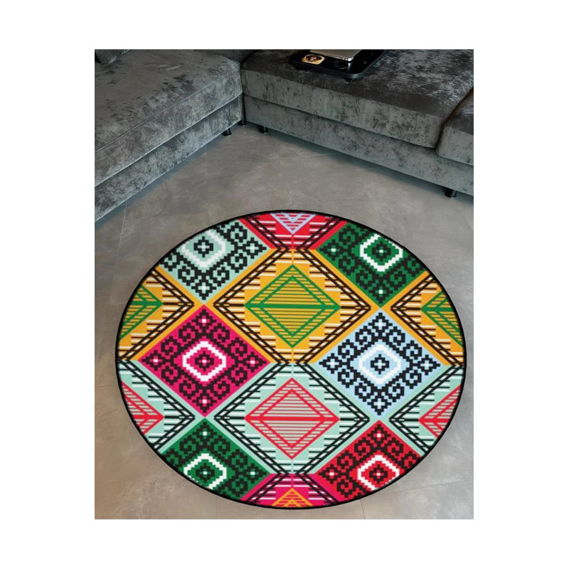 Multicolored Black Shapes Detailed Woven Base Modern Decorative Carpet, Round 2'8"