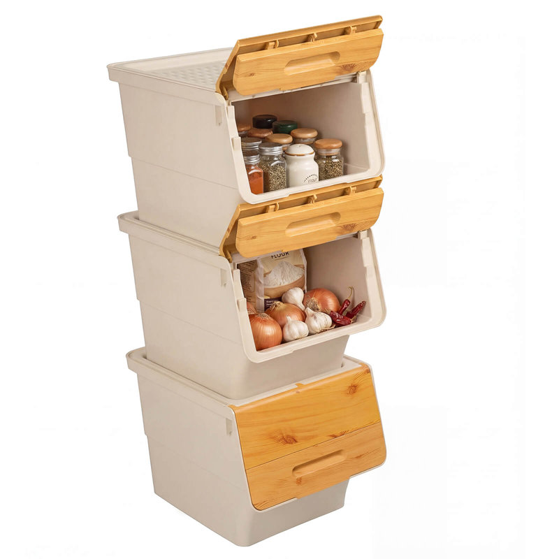3 bacs de rangement sur roulettes avec couvercle ouvert pour garde-robe de cuisine, Blanc et naturel