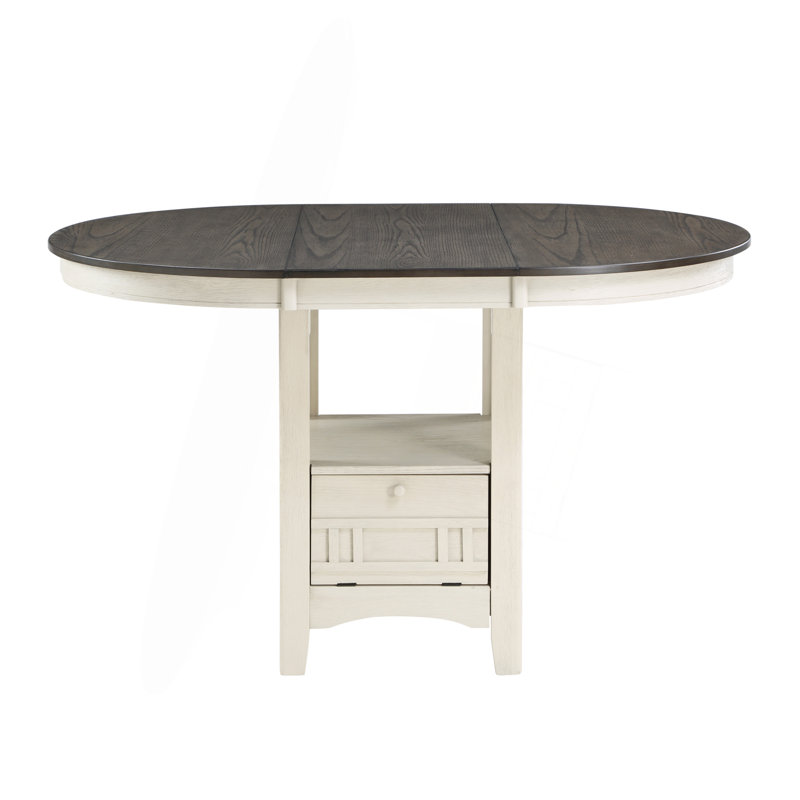 Table de salle à manger à hauteur de comptoir avec rallonge et base de rangement, Blanc antique