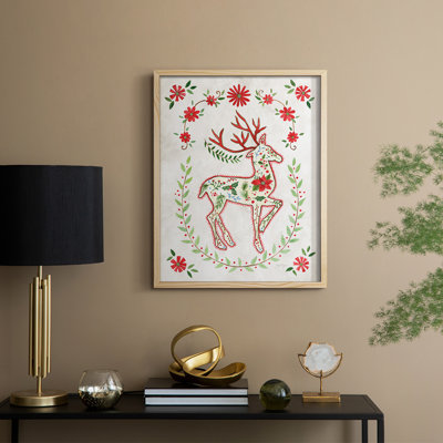 «Christmas Folk Reindeer», reproduction encadrée - bois massif