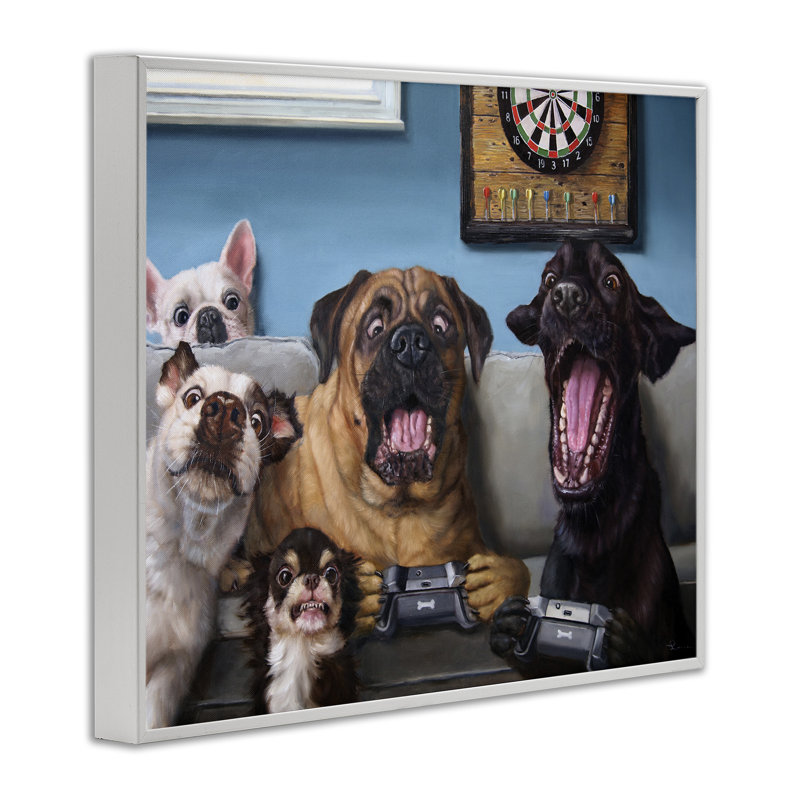 Drôles de chiens jouant à des jeux vidéo - Impression sur toile, Giclée encadrée blanc bord de mer, H 24 po x l 30 po