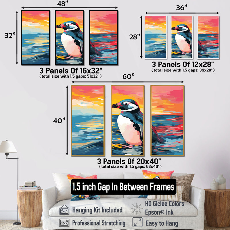 Pop Art Penguin Parade Charm II - Penguin Wall Art, 28" H x 36" W, Black Floater Framed