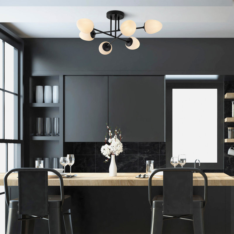 Lustre industriel moderne, noir et crème, 32 po x 32 po x 12 po | Corps en métal avec capuchon en verre, 6 x douilles E14 (15 W maximum) | Parfait pour les décors scandinaves et fantaisistes dans les espaces de salle à manger et de vie