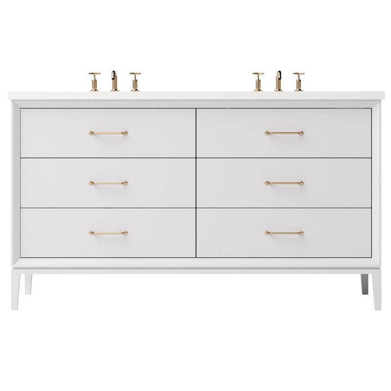 Alexandra Double Drawer Bath Vanity, Strong White, 72", Satin Gold