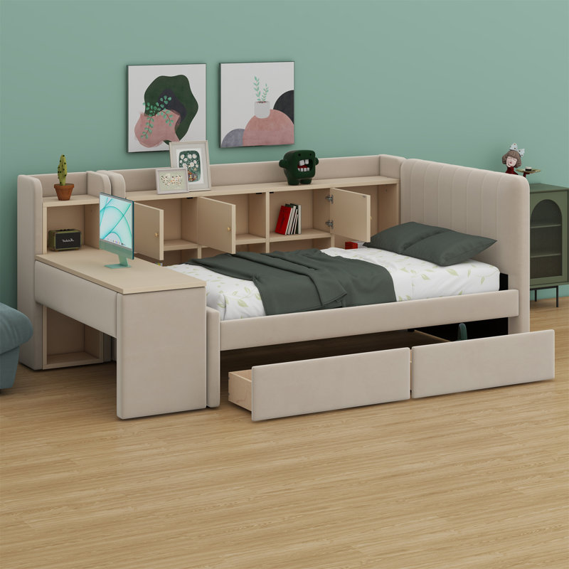 Lit de jour rembourré avec tiroirs, tablettes, armoires rabattables et table d'appoint, Beige