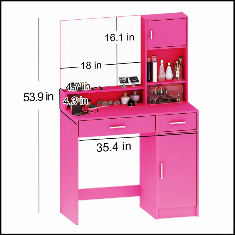 Elegant Vanity Desk With Mirror, LED Light Strip, And Ample Storage, Perfect For Modern Bedrooms And Makeup Routines.