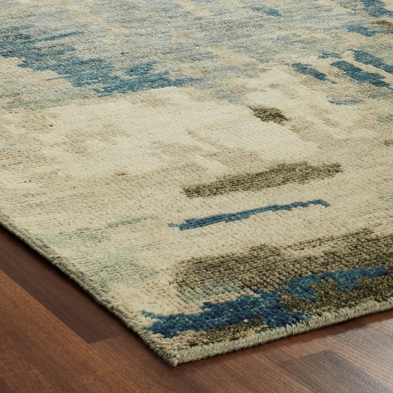 Tapis bleu en laine noué à la main Channon, Tapis de couloir beige