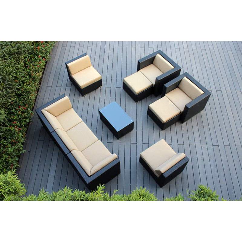 Ensemble de conversation en osier pour 7 personnes avec coussins Kiara, Toile Sunbrella® beige antique, Noir