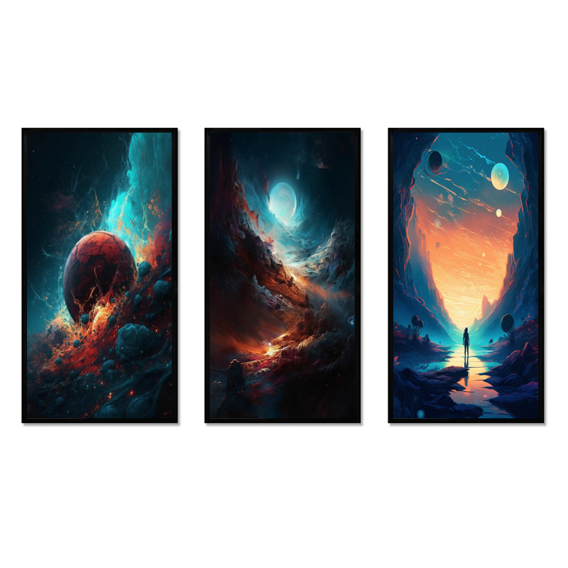 «Imagine Space», 3 pièces sur toile, Cadre flottant noir, H 28 po x l 36 po