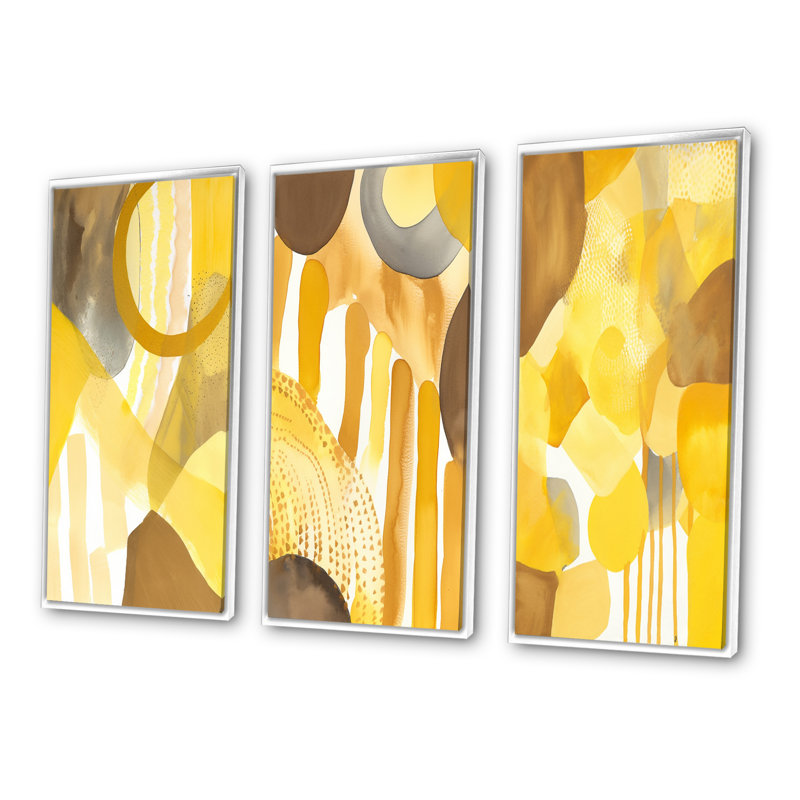 «Mustard Yellow Dreams Retro Watercolor IV», ensemble d'art moderne de style Mid-Century de 3 pièces, Cadre flottant blanc