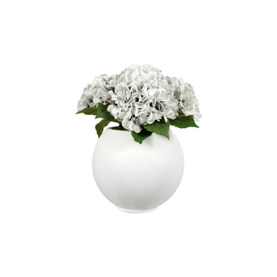 White Real-Touch Hydrangeas In Round White Planter