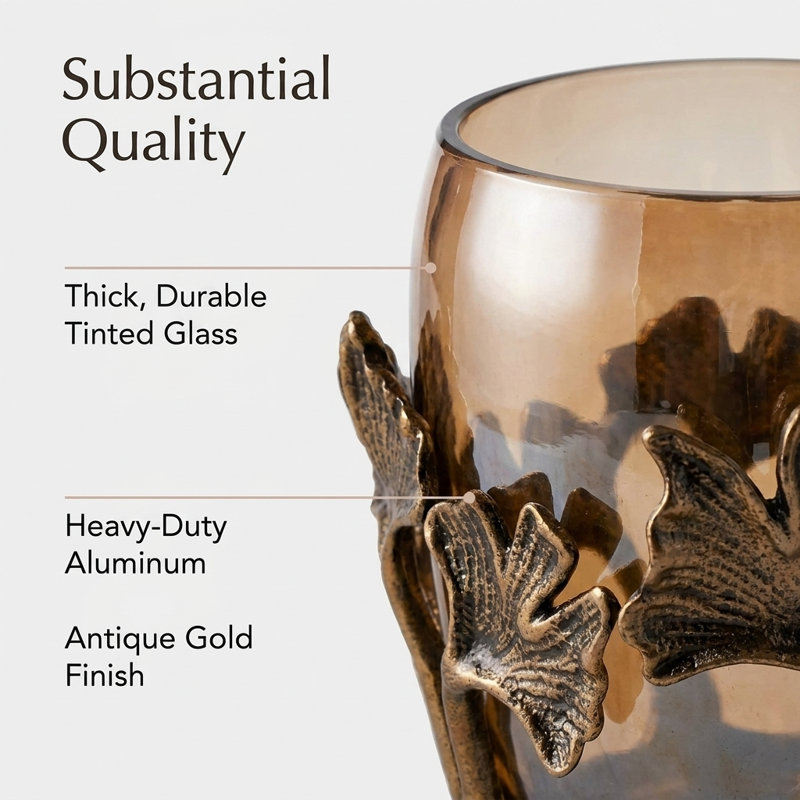 Gingko Collection Glass Vase Glossy Brown Finish Antique Brass Base Decorative Home Decor or Christmas Present