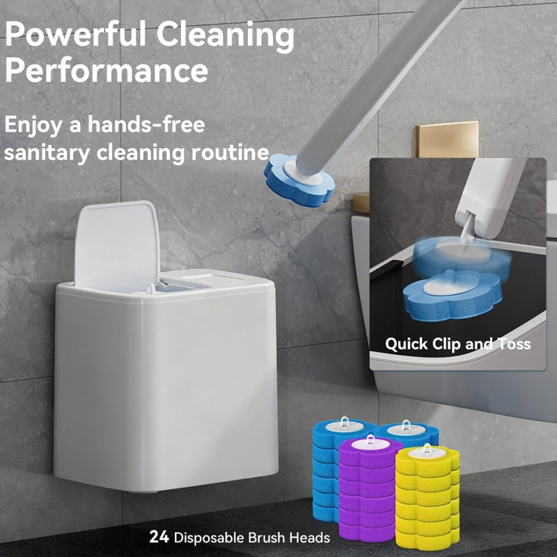 Ensemble de brosse de toilette jetable avec 24 têtes de brosse de rechange, système de nettoyage de toilette de salle de bain avec support de rangement