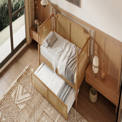 Lit de jour en rotin de style traditionnel avec lit gigogne double pour un espace limité, chambre d'amis, pas de sommier tapissier, noyer antique