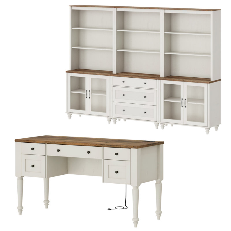 2 Piece Office Set, 56" Executive Desk, Bookcases With 3 Drawers And 2 Glass Cabinets, White