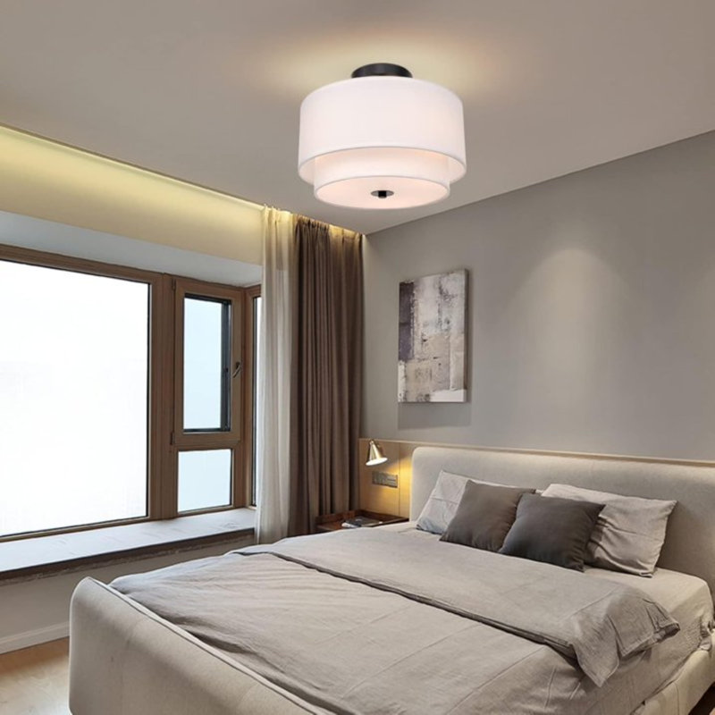Plafonnier semi-encastré 3 lumières avec abat-jour tambour en lin Farbic blanc moderne