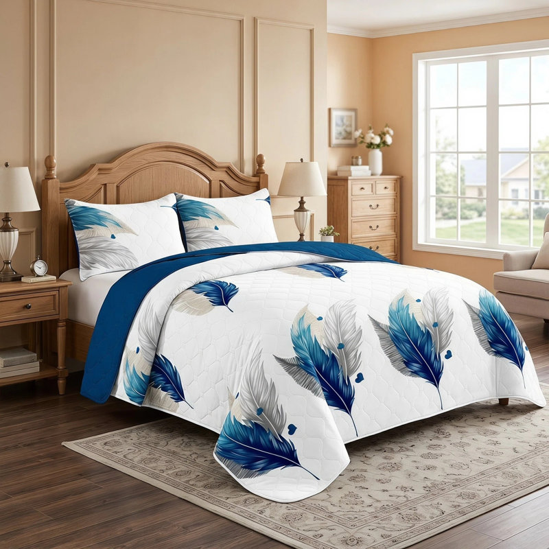 Ensemble de courtepointe réversible en microfibre 3 pièces avec 2 taies décoratives, Grand lit