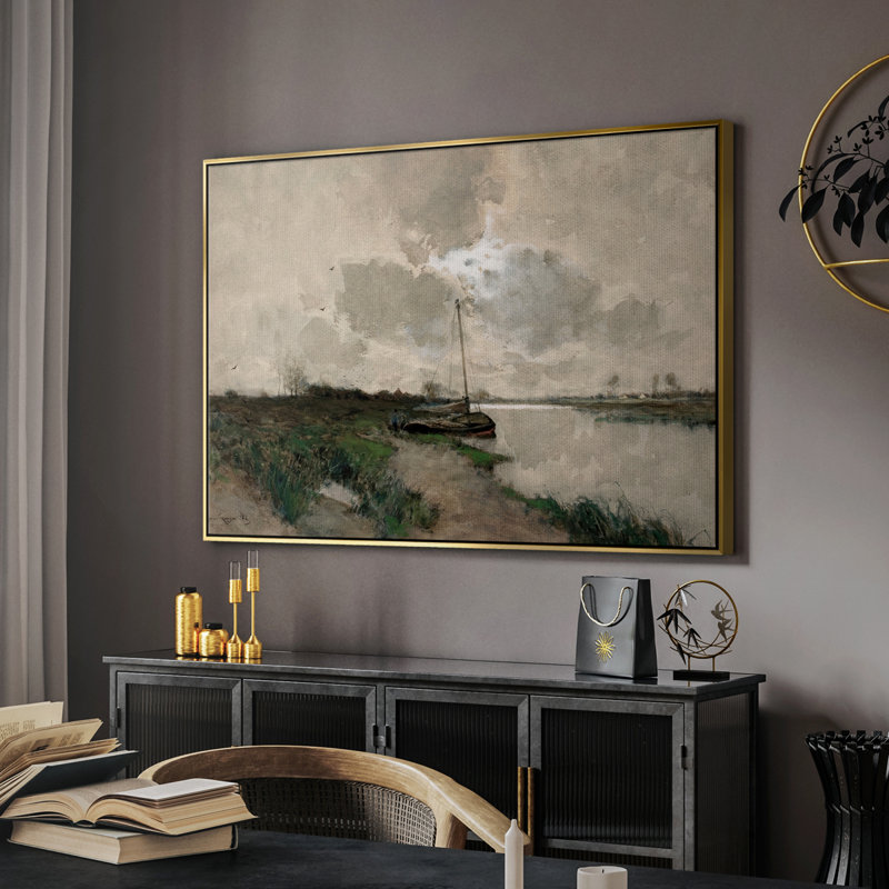 Paysage rétro - Cccxlviii, H 25 po x l 37 po x P 2 po, Toile avec cadre flottant or
