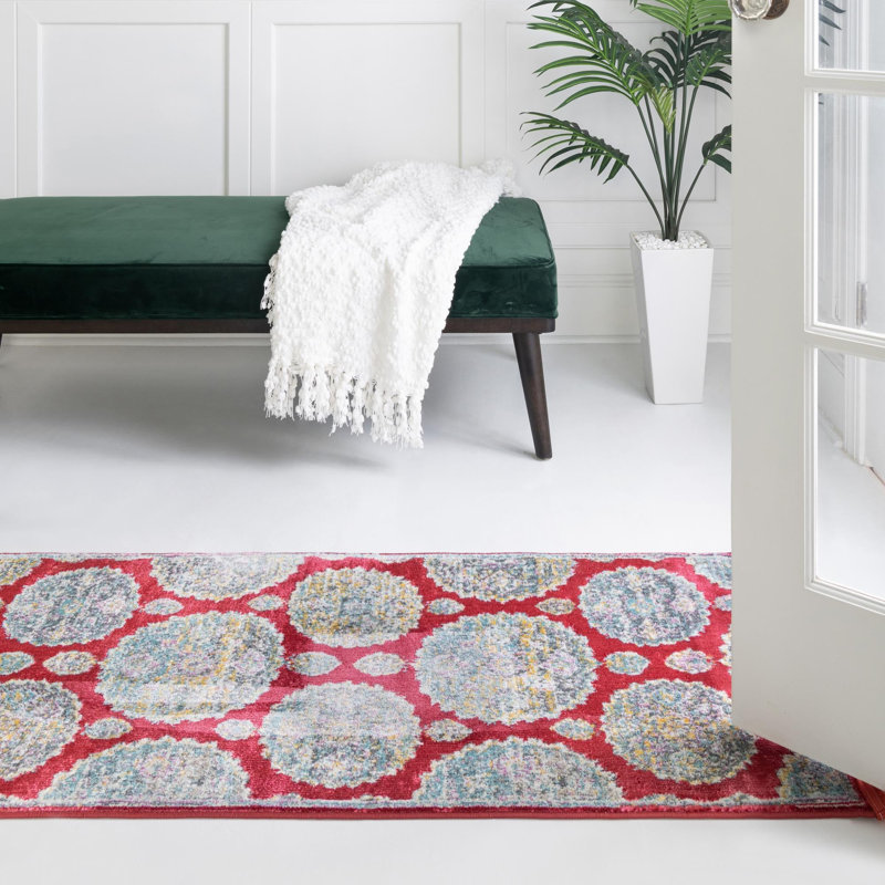 Tapis oriental en polypropylène tissé à la machine en rouge / gris / bleu, Tapis de couloir 2 pi 2 po x 6 pi