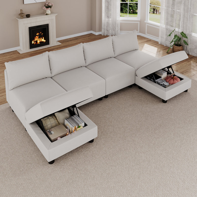 Modern Linen Modular Sectional Sofa U Shaped with Extra Deep Seats and Storage Ottomans, Beige Linen