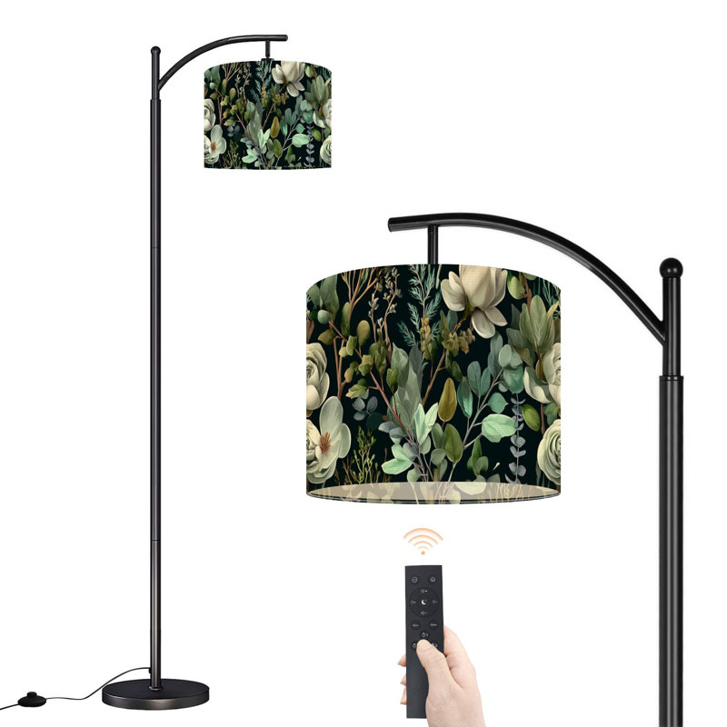 Lampe sur pied à arc avec abat-jour réglable Eucalyptus magnolia fougère à feuilles de plantes grasses Lampe sur pied tendance 3 températures de couleur à intensité variable avec poteau pour la chambre à coucher