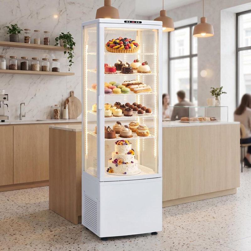 8.4 Cu.ft Commercial Refrigerated Display Case, Glass Door Beverage Cooler - Adjustable Shelving & LED Lighting Display Refrigerator for Bakery, Cafe, Convenience Store, 360° Panoramic Visibility