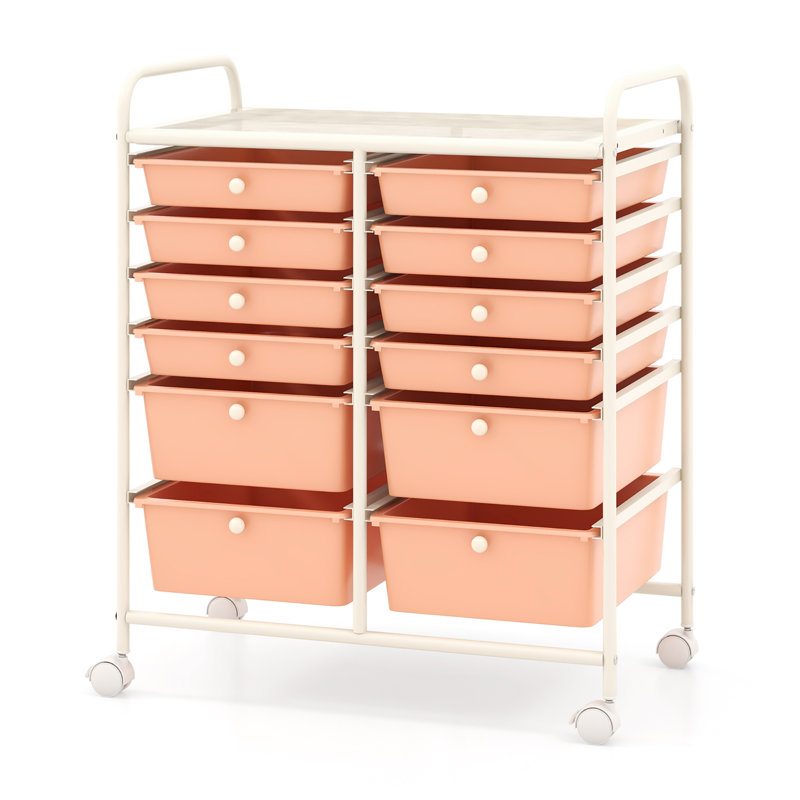  Bureau avec chariot à roulettes et 12 tiroirs de rangement, Orange / blanc