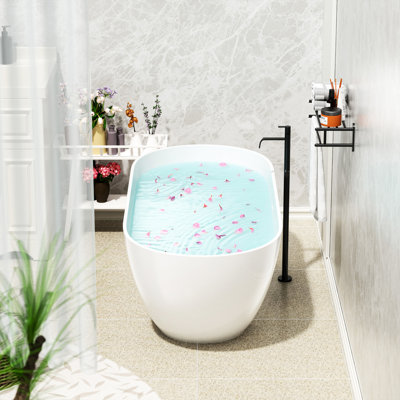 63" Freestanding Bathtub, Glossy White, Engineered Stone, Spa - Like Immersive Experience, Efficient Drainage, Warm Tub Floor And Water, Wide Stretch Area Solid Surface Material, Bathing, Overflow