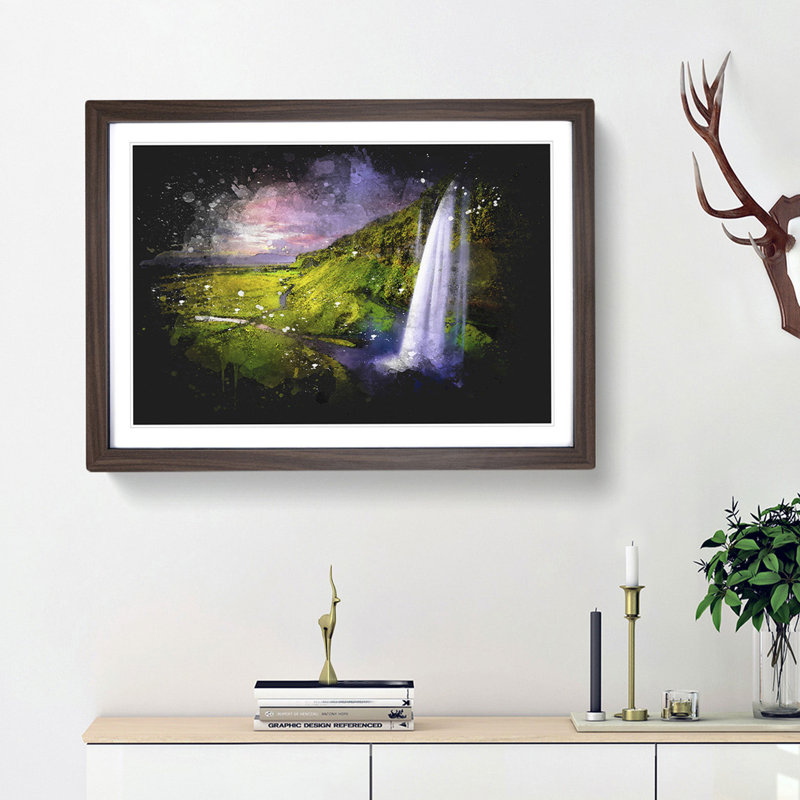 Seljalandsfoss Waterfall Iceland - Picture Frame Graphic Art, 45cm H x 63cm W x 2cm D, Walnut Framed