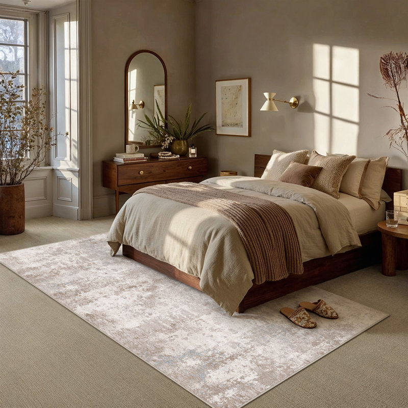 Tapis abstrait lavable à la machine avec envers antidérapant Elroy, 0.28", Beige, Rectangle 6 pi x 9 pi
