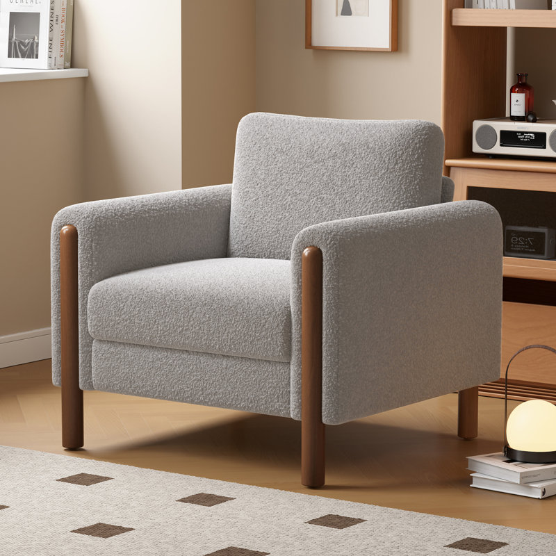 Elara Modern Oversized Upholstered Accent Chair with Curved Handrail and Wooden Legs, Gray Teddy, 1