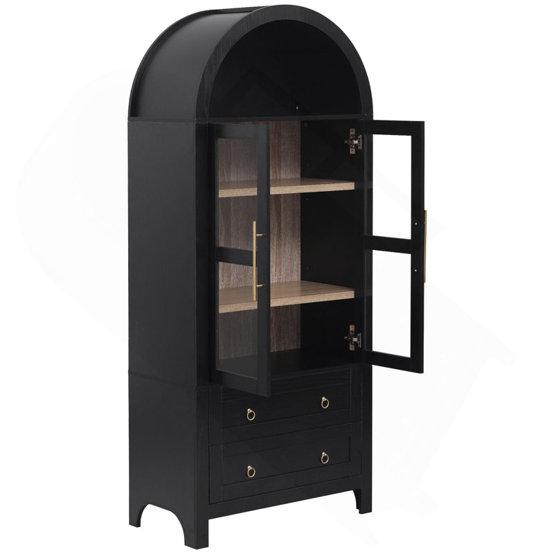 71" Tall Arched Kitchen Pantry Cabinet with 2 Large Drawers, Modern Farmhouse Kitchen Storage Cabinets with Adjustable Shelves, Glass Door, Wood Versatile Cupboard for Kitchens, Dining Room, Black