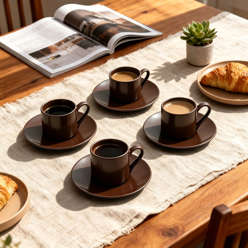 Ensemble de 4 tasses et soucoupes à expresso en céramique, 100 ml (3,5 oz)., Brun