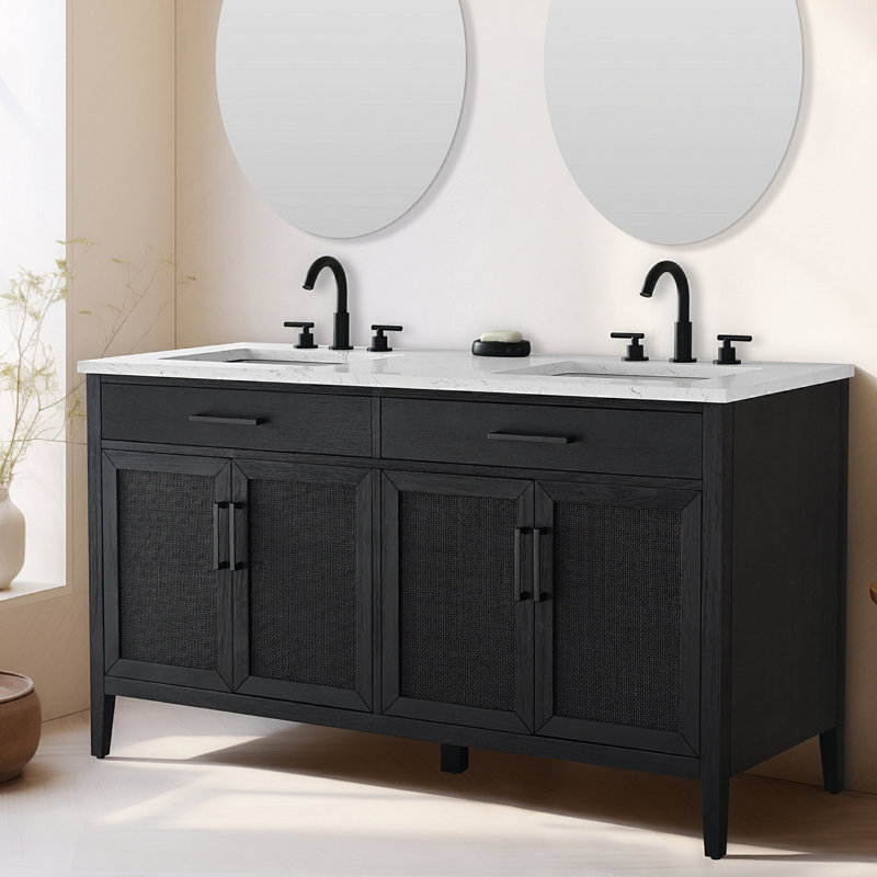 Meuble-lavabo double 60 po avec plateau en pierre d'ingénierie Sebastiano, Chêne noir / noir mat