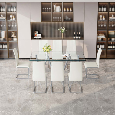9 pièces Table de salle à manger rectangulaire moderne en verre trempé de 71 pouces avec pieds en métal galvanisé et 8 chaises de salle à manger revêtues de cuir PU