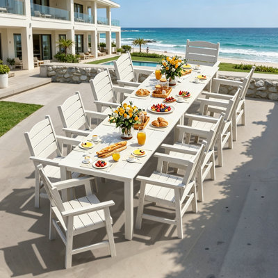 10 - Person All Weather Outdoor Table and Chairs 12 Pieces Patio Dining Sets Outside Furniture With Umbrella Hole& Aluminum Frame HIPS Modern Patio Dining Set for 10 Person For Outside Backyard/Porch/Deck, 2-Tables 10-Chairs, White